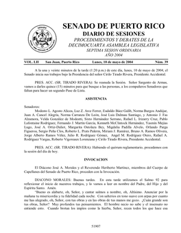 Senado De Puerto Rico Diario De Sesiones Procedimientos Y Debates De La Decimocuarta Asamblea Legislativa Septima Sesion Ordinaria Año 2004 Vol