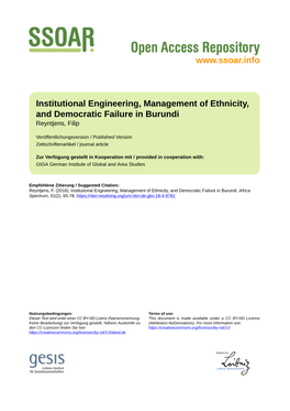 Institutional Engineering, Management of Ethnicity, and Democratic Failure in Burundi Reyntjens, Filip