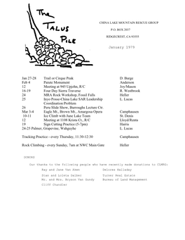 January 1979 Jan 27-28 Trail Or Cirque Peak D. Burge Feb 4 Paiute