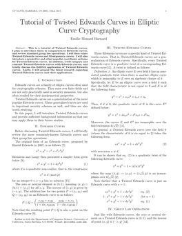 Tutorial of Twisted Edwards Curves in Elliptic Curve Cryptography Emilie Menard Barnard