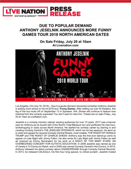 Due to Popular Demand Anthony Jeselnik Announces More Funny Games Tour 2018 North American Dates