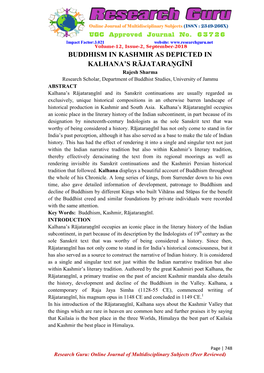 Buddhism in Kashmir As Depicted in Kalhana's Rājataraṇgīnī