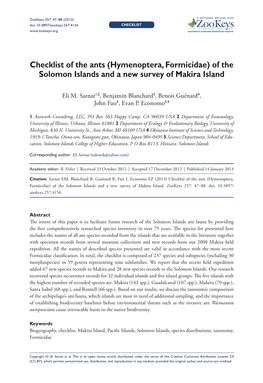 Checklist of the Ants (Hymenoptera, Formicidae) of the Solomon Islands and a New Survey of Makira Island