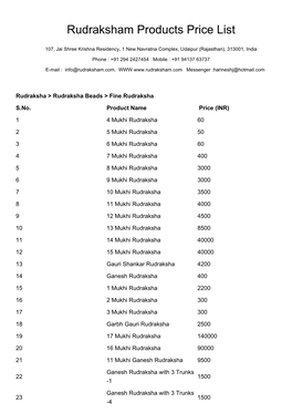 Rudraksham Products Price List