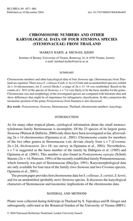 CHROMOSOME NUMBERS and OTHER KARYOLOGICAL DATA of FOUR STEMONA Species (STEMONACEAE) from THAILAND