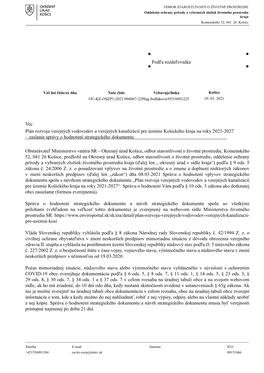 Plán Rozvoja Verejných Vodovodov a Verejných Kanalizácií Pre Územie Košického Kraja Na Roky 2021-2027 – Zaslanie Správy O Hodnotení Strategického Dokumentu