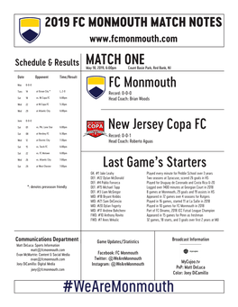 FC Monmouth New Jersey Copa FC MATCH ONE Last Game's Starters