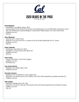 2020 BEARS in the PROS As of Aug