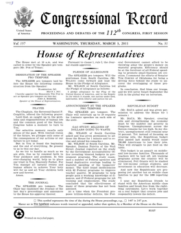 Congressional Record United States Th of America PROCEEDINGS and DEBATES of the 112 CONGRESS, FIRST SESSION