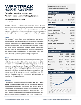 Canadian Solar Inc. (NASDAQ: CSIQ) Price Target CAD$ 69.00 Alternative Energy – Alternative Energy Equipment Rating Buy Volare for Canadian Solar Share Price (Jan