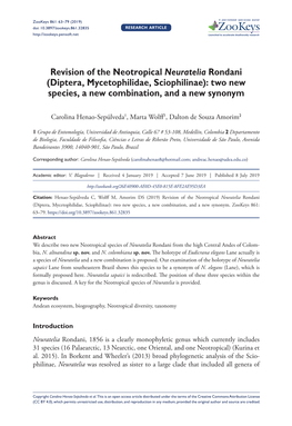 Revision of the Neotropical Neuratelia Rondani (Diptera, Mycetophilidae, Sciophilinae): Two New Species, a New Combination, and a New Synonym