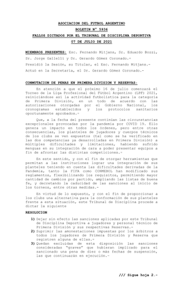 Asociacion Del Futbol Argentino Boletin N° 5936 Fallos Dictados Por El Tribunal De Disciplina Deportiva 07 De Julio De 2021