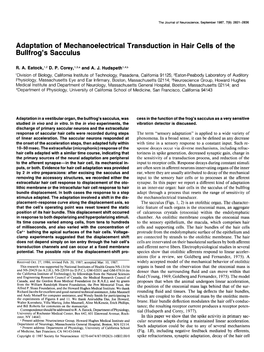 Adaptation of Mechanoelectrical Transduction in Hair Cells of the Bullfrog’S Sacculus