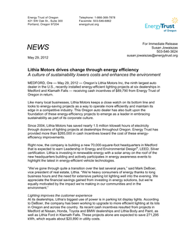 Lithia Motors Drives Change Through Energy Efficiency a Culture of Sustainability Lowers Costs and Enhances the Environment