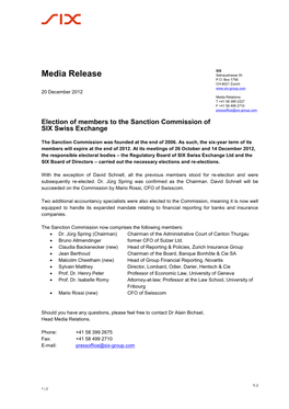 Election of Members to the Sanction Commission of SIX Swiss Exchange