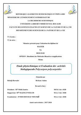 Etude Phytochimique Et Evaluation Des Activités Biologiquesdu Polycarpon Polycarpoides