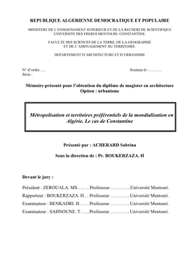 Métropolisation Et Territoires Préférentiels De La Mondialisation En Algérie