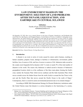 Law Enforcement Based on the Environment: Solution of Land Problems After Tsunami, Liquefaction, and Earthquake in Central Sulawesi