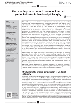 The Case for Post-Scholasticism As an Internal Period Indicator in Medieval Philosophy