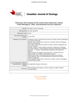 Molecular Diet Analysis of the Marine Fish-Eating Bat, Myotis Vivesi Menegaux, 1901, and Potential Mercury Exposure