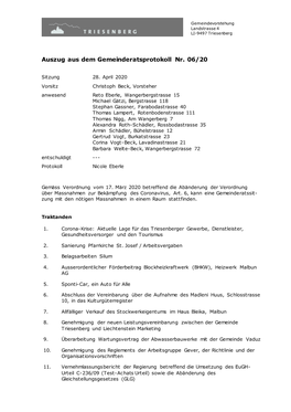 Auszug Aus Dem Gemeinderatsprotokoll Nr. 06/20 92701