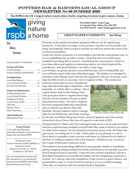 Newsletter NO 98 SUMMER 2020 the RSPB Is the UK’S Largest Nature Conservation Charity, Inspiring Everyone to Give Nature a Home