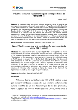 II Guerra: Censura E Regulamentos Para Correspondentes Da FEB (1944-45)