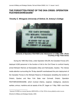 The Forgotten Front of the Oka Crisis: Operation Feather/Akwesasne1