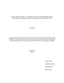 A CONTENT ANALYSIS of the PROMOTIONAL MATERIAL of FOREIGN-LANGUAGE FILMS in the UNITED STATES Ilich Mejía