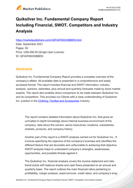 Quiksilver Inc. Fundamental Company Report Including Financial, SWOT