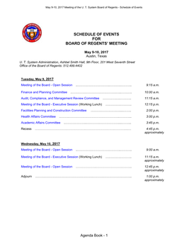 Schedule of Events for Board of Regents' Meeting