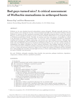 Bad Guys Turned Nice? a Critical Assessment of Wolbachia Mutualisms in Arthropod Hosts