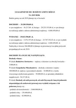 UZASADNIENIE DO BUDŻETU GMINY RÓŻAN NA 2019 ROK Budżet Gminy Na Rok 2019 Planuje Się W Kwotach