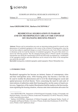 Residential Segregation in Warsaw and Its Metropolitan Area in the Context of Changing Housing Policy