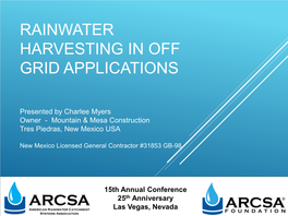 Rainwater Harvesting in Off Grid Applications