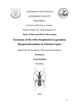 Taxonomy of the Tribe Ozophorini (Lygaeoidea: Rhyparochromidae) in Oriental Region