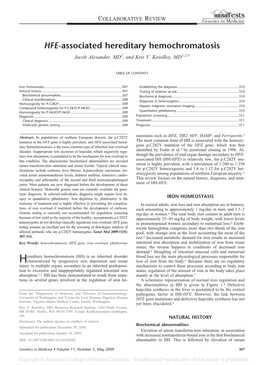 HFE-Associated Hereditary Hemochromatosis Jacob Alexander, MD1, and Kris V