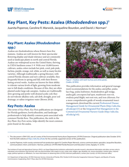 Key Plant, Key Pests: Azalea (Rhododendron Spp.)1 Juanita Popenoe, Caroline R