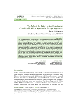 The Role of the Batyrs in the Organization of the Kazakh Militia Against the Dzungar Aggression Samal K