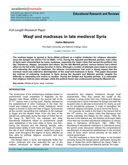 Waqf and Madrasas in Late Medieval Syria