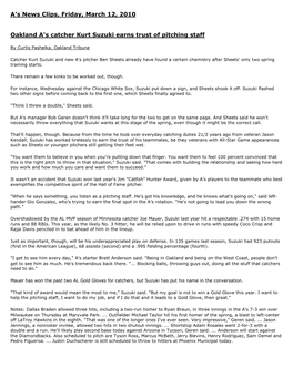 A's News Clips, Friday, March 12, 2010 Oakland A's Catcher Kurt
