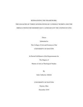 Reimagining the Framework: the Legacies of Three Generations of Catholic Women and the Implications for Modern Day Catholics Of