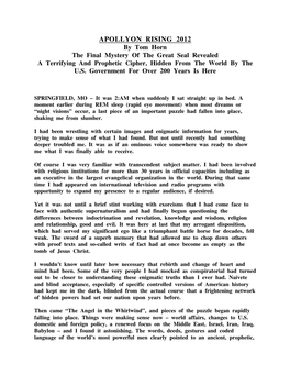 APOLLYON RISING 2012 by Tom Horn the Final Mystery of the Great Seal Revealed a Terrifying and Prophetic Cipher, Hidden from the World by the U.S