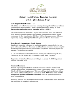 Student Registration/ Transfer Requests 2015 – 2016 School Year