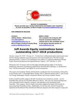 Jeff Awards Equity Nominations Honor Outstanding 2017-2018 Productions