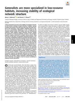 Generalists Are More Specialized in Low-Resource Habitats, Increasing Stability of Ecological Network Structure