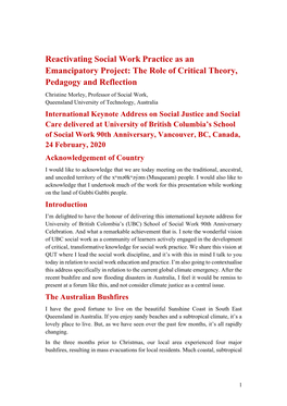Reactivating Social Work Practice As an Emancipatory Project: the Role of Critical Theory, Pedagogy and Reflection
