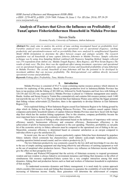 Analysis of Factors That Gives the Influence on Profitability of Tunacapture Fisheriesfishermen Household in Maluku Province