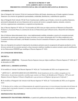 Decreto Supremo N° 4509 Luis Alberto Arce Catacora Presidente Constitucional Del Estado Plurinacional De Bolivia