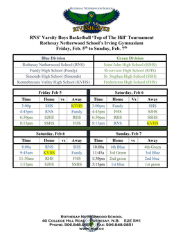 RNS' Varsity Boys Basketball 'Top of the Hill' Tournament Rothesay